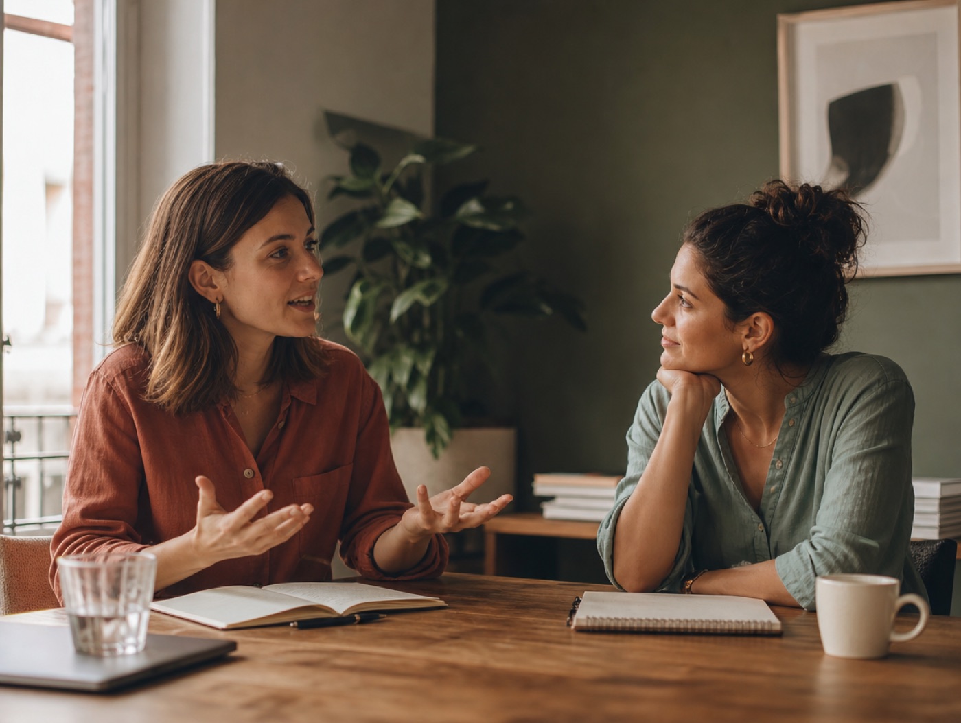 Two colleagues in genuine conversation at a table