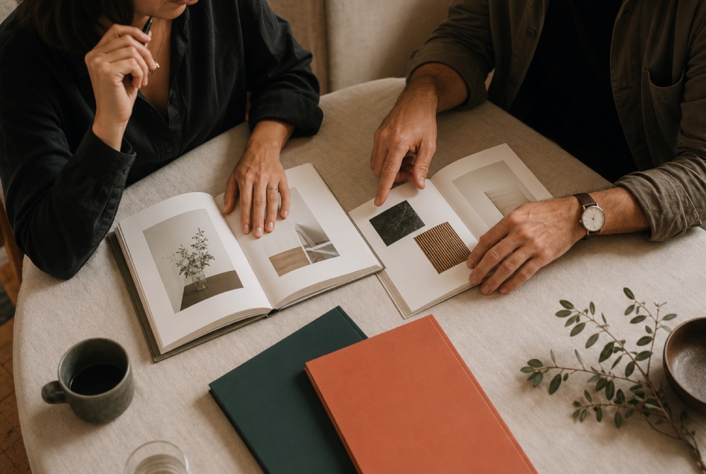 Two colleagues reviewing printed guides together