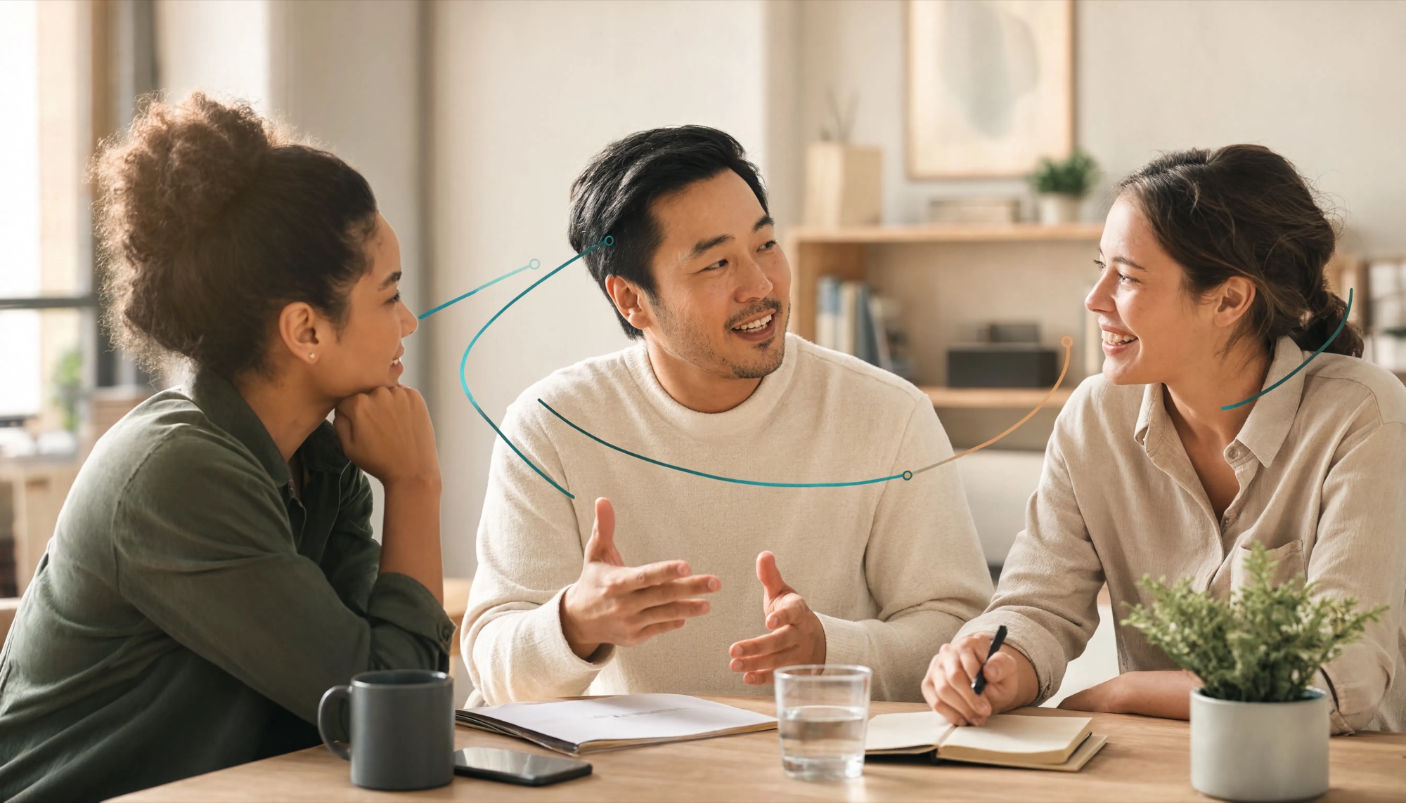 Three colleagues in conversation, connected by Throughline's signature line motif