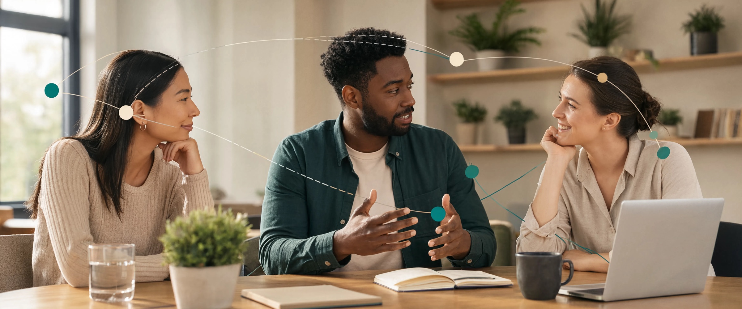 A team collaborating around a table, connected by Throughline's line motif